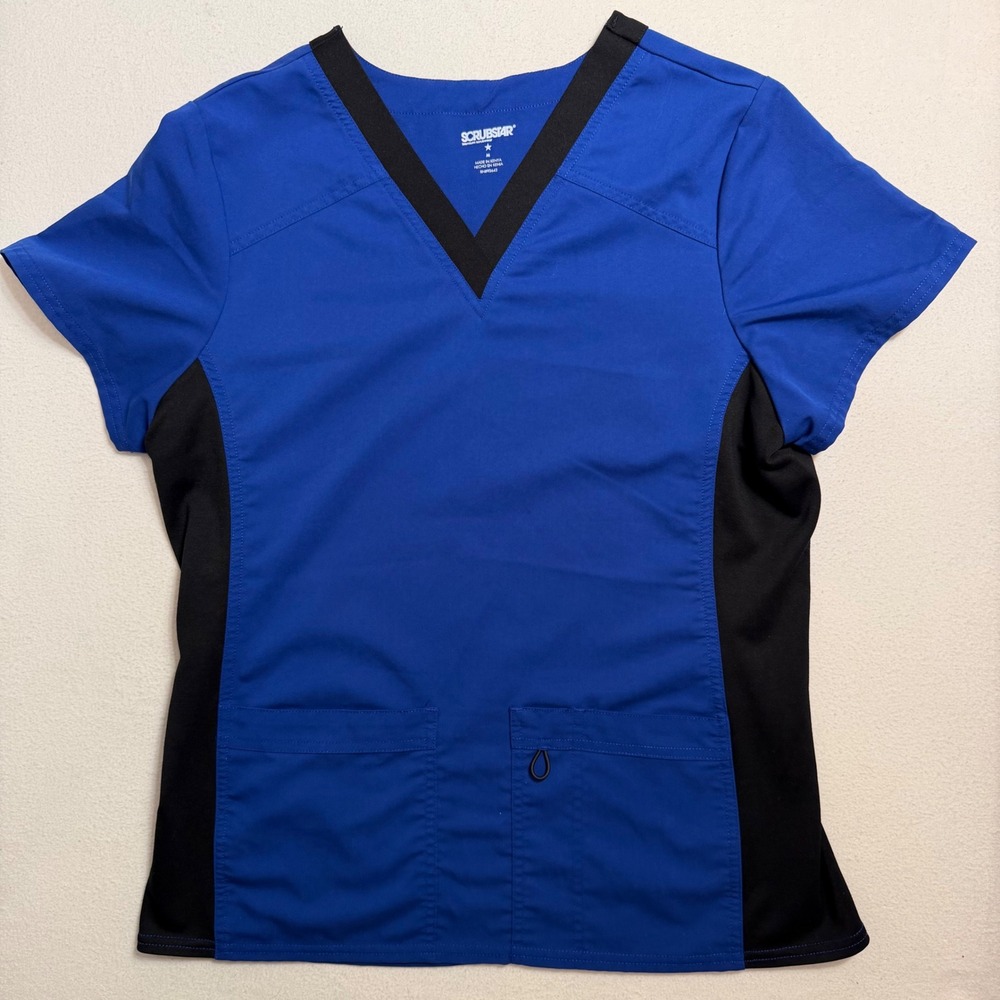 Scrubstar Premium Scrubwear Royal Blue Black V-Neck Medical Scrub Top Womens M